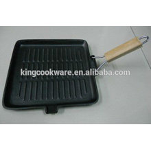 Square/rectangular cast iron grill pan with wooden foldable/removable handle